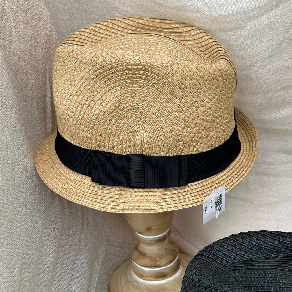 New 1.25 inch Brim Tan/Black Fedora Straw Sun Hat S/M